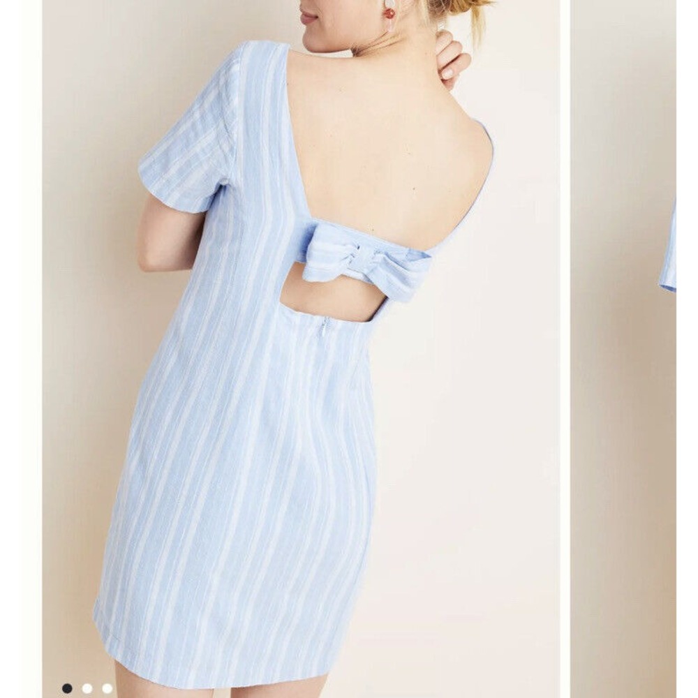 Anthropologie Cape May Mini Dress Women's Size 10 Blue Striped Linen Blend Bow